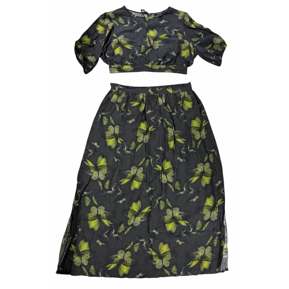 Allsaints Asta‎ Ceres Linen Blend Midi Skirt & Top Sycamore Green Black Size 10